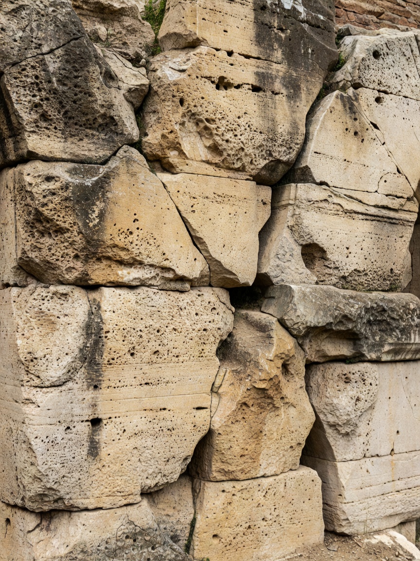 Weathered travertine stone detail of the Colosseum