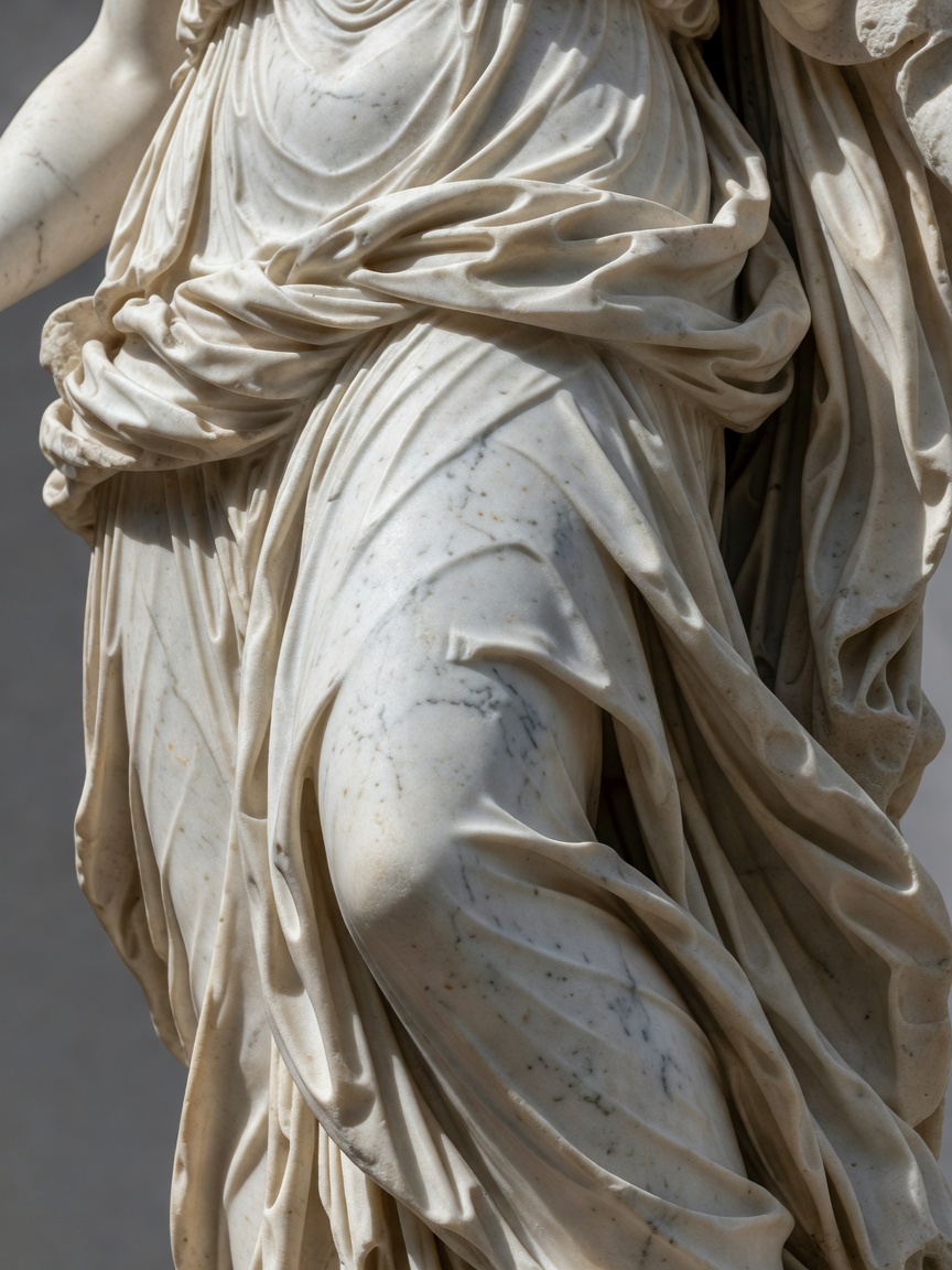 Macro shot of carved marble drapery on a classical sculpture