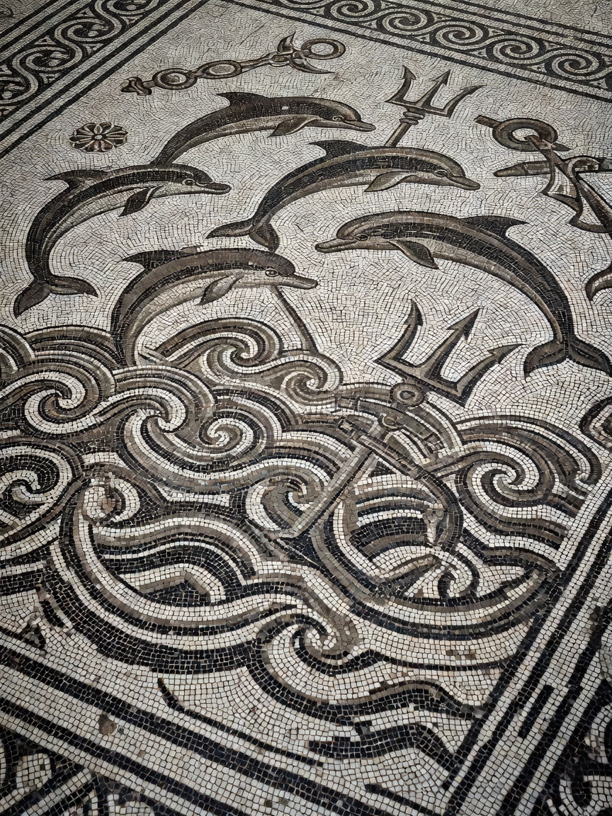 Intricate black and white floor mosaic detail from Ostia Antica