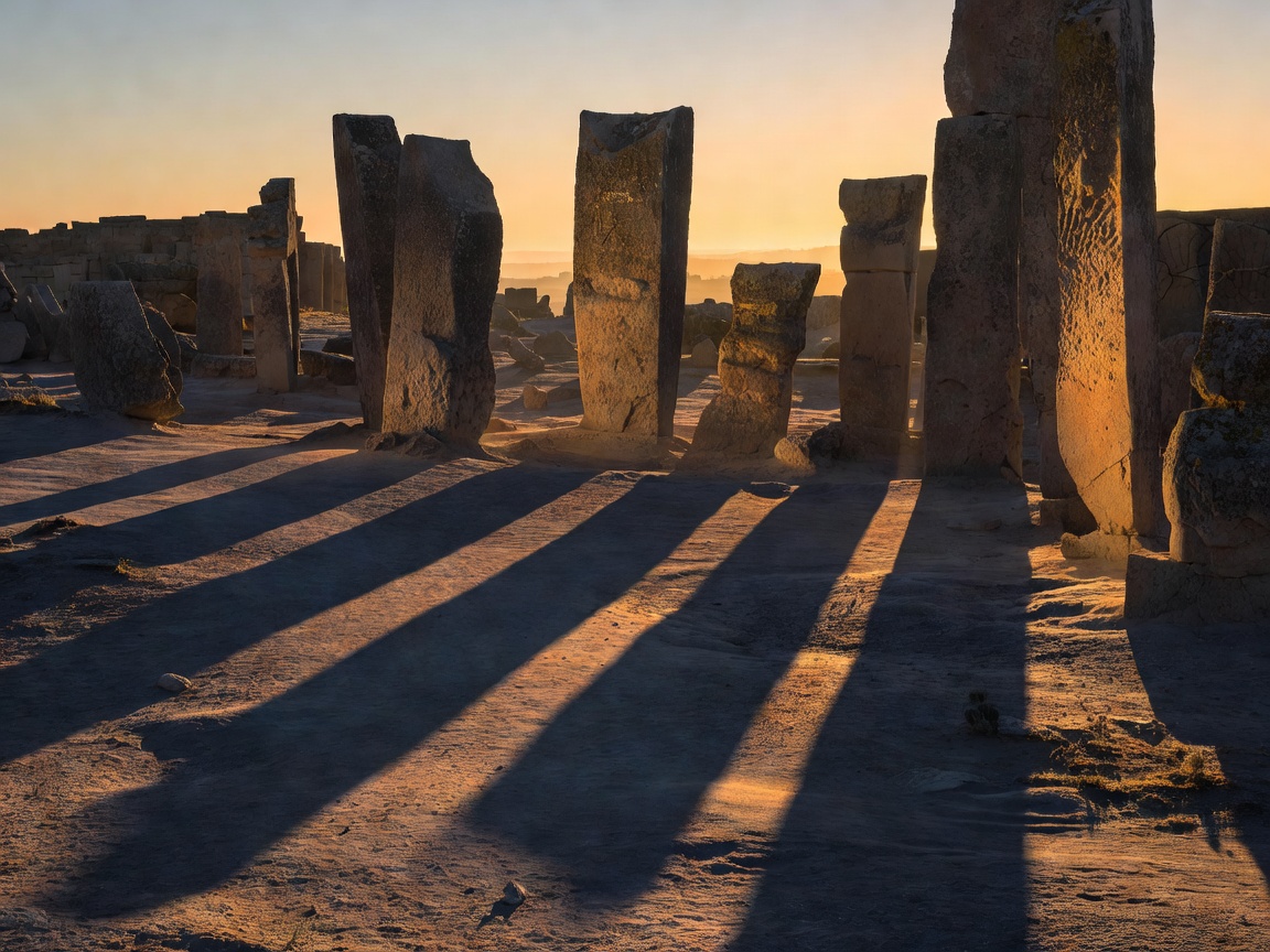 Long shadows at dawn across ancient pillars
