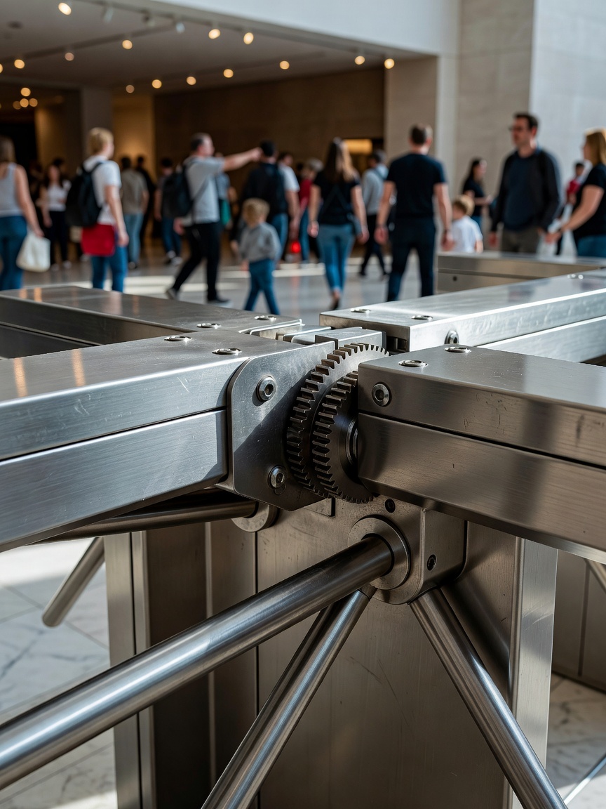 Metal turnstile mechanism at a busy museum entrance